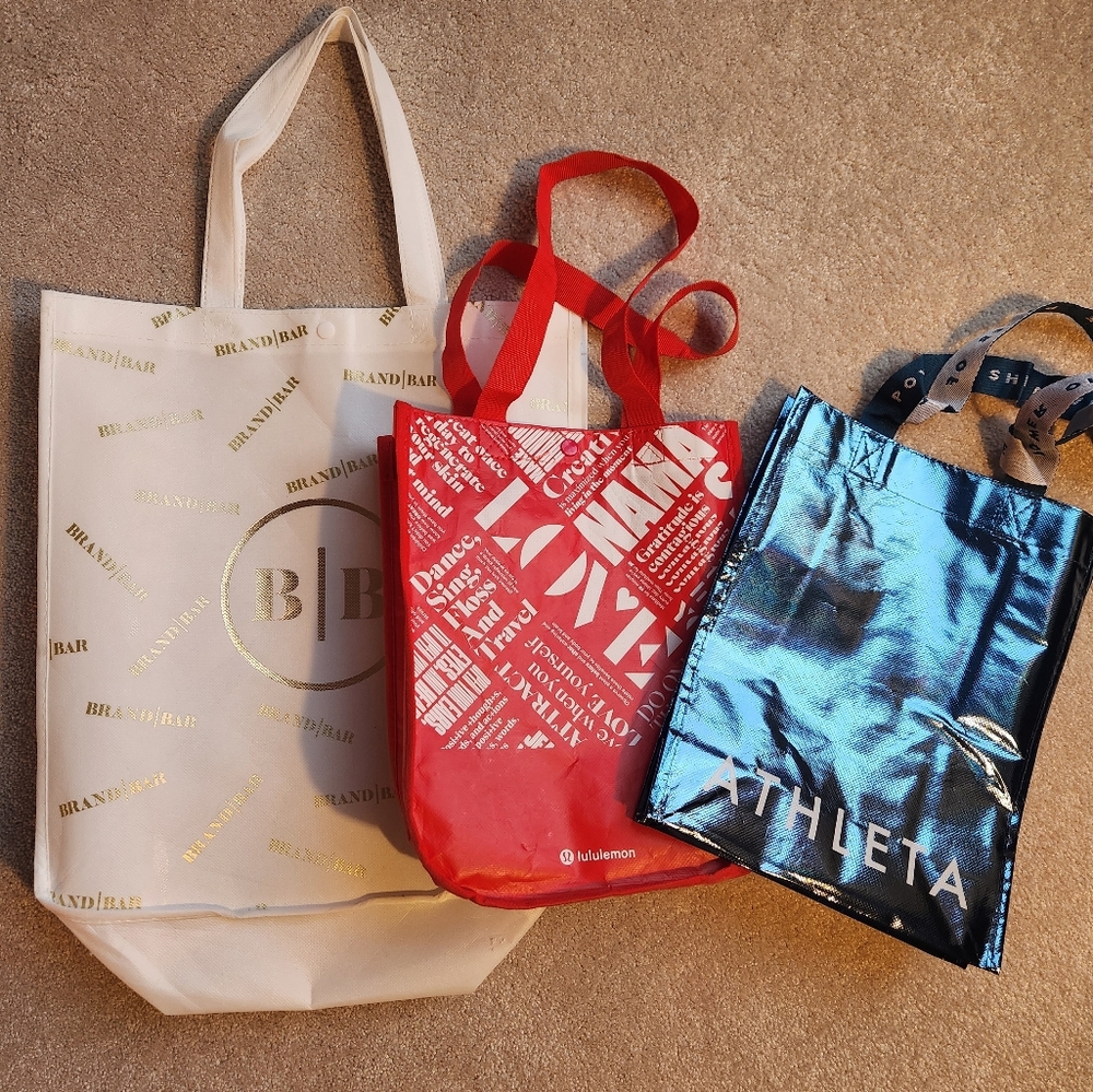 Athleta, Lululemon, Brand Bar Tote Bag Bundle - Metallic Blue, Red & Cream